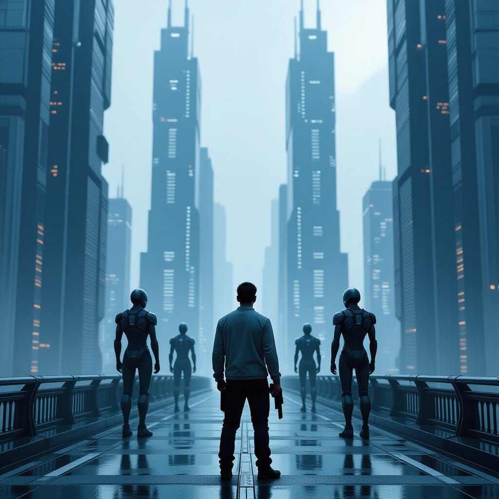 Cyberpunk Dystopia: Man Faces Cyborgs on Futuristic Bridge