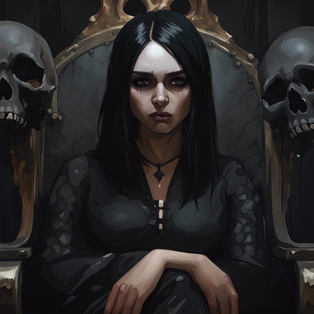 Gothic Girl with Skull on Throne, Detailed Portrait