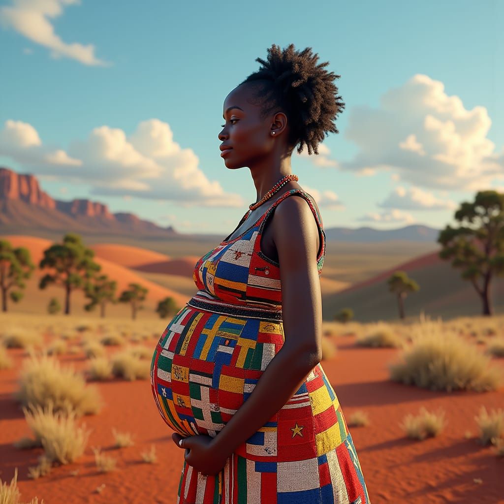 Aboriginal Woman in Refugee Flag Dress at Sunset