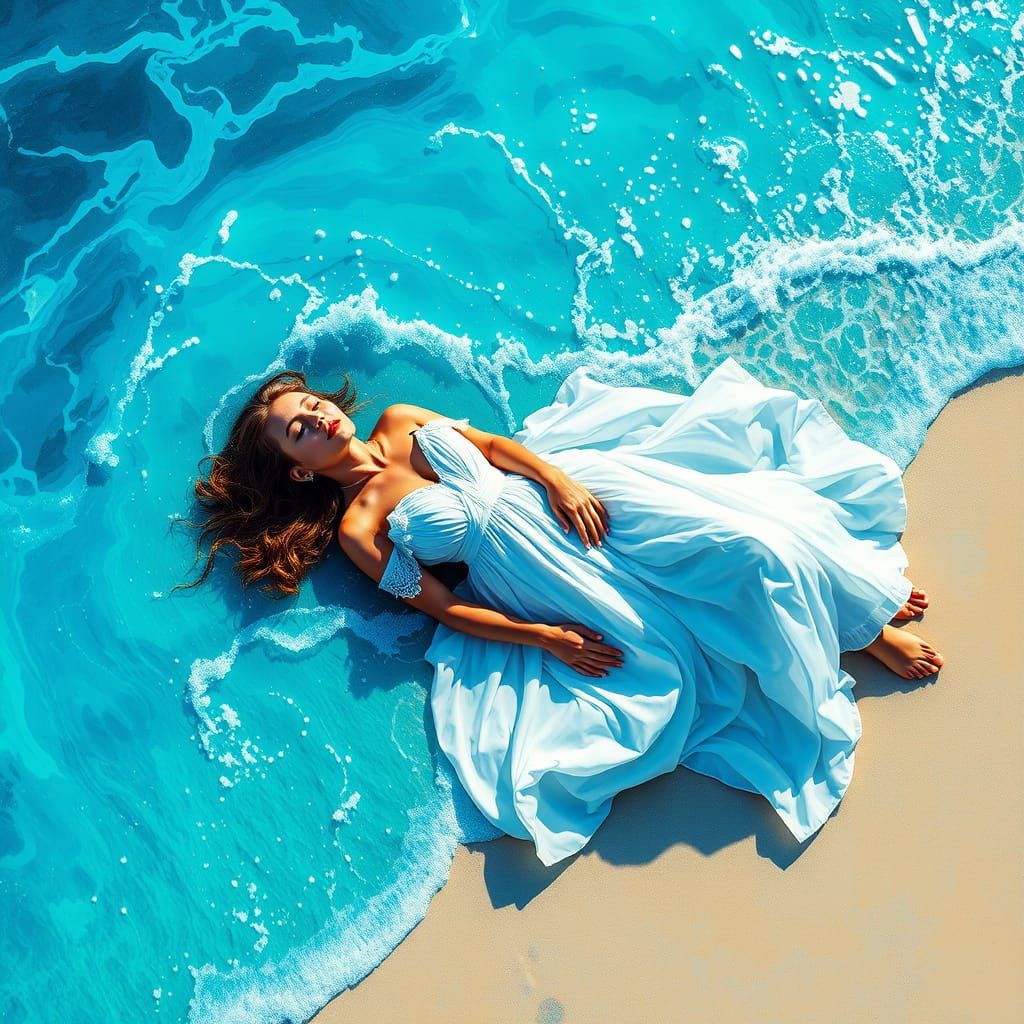 Woman on Beach Surrounded by Waves in Graffiti Art Style