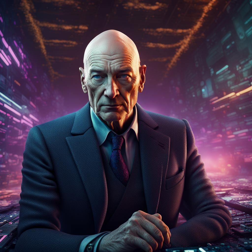 Professor X in Cyberpunk Glowwave Aerial View