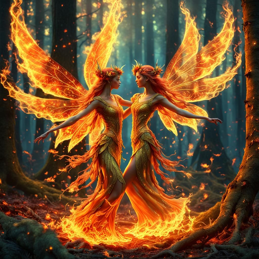 Fire Faeries Dancing in Mystical Forest