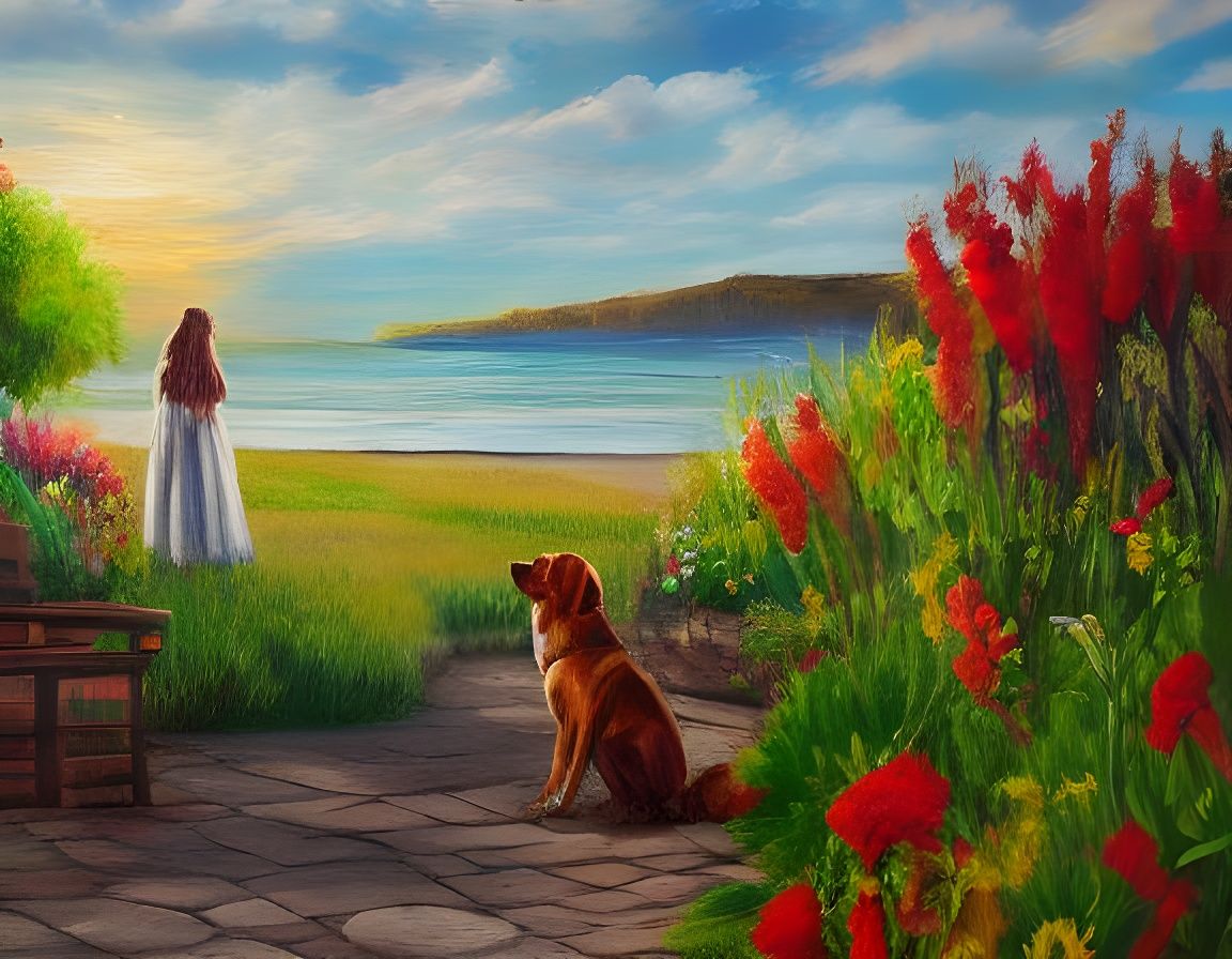 Seaside Village: Woman and Dog in Oil Painting