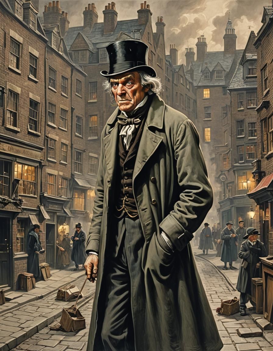 Ebenezer Scrooge in Hogarth-Inspired London Scene