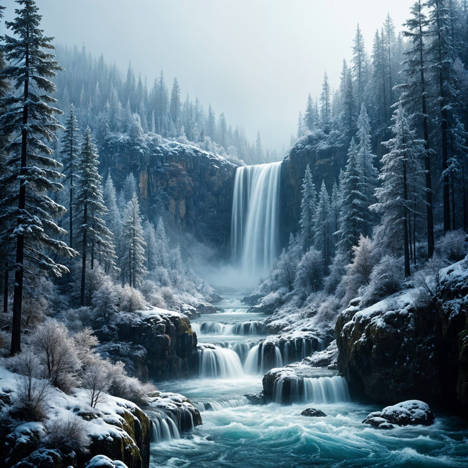 Snowy Columbia River Gorge With Ethereal Forest