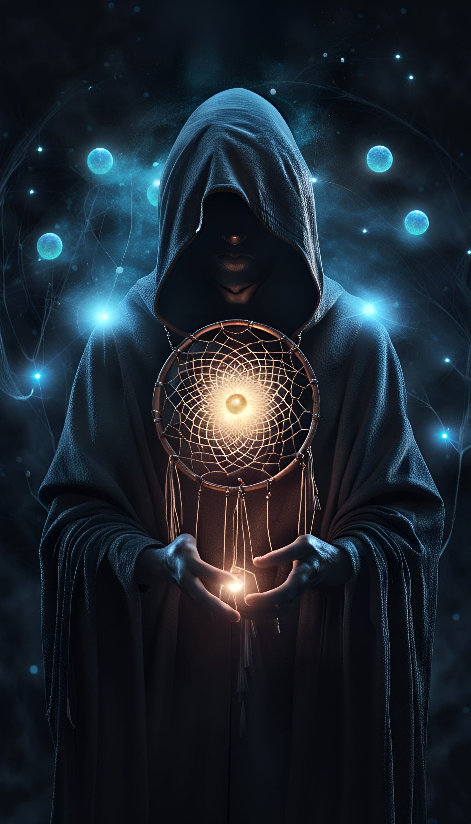 Mystical Cloaked Figure with Dreamcatcher in Forest