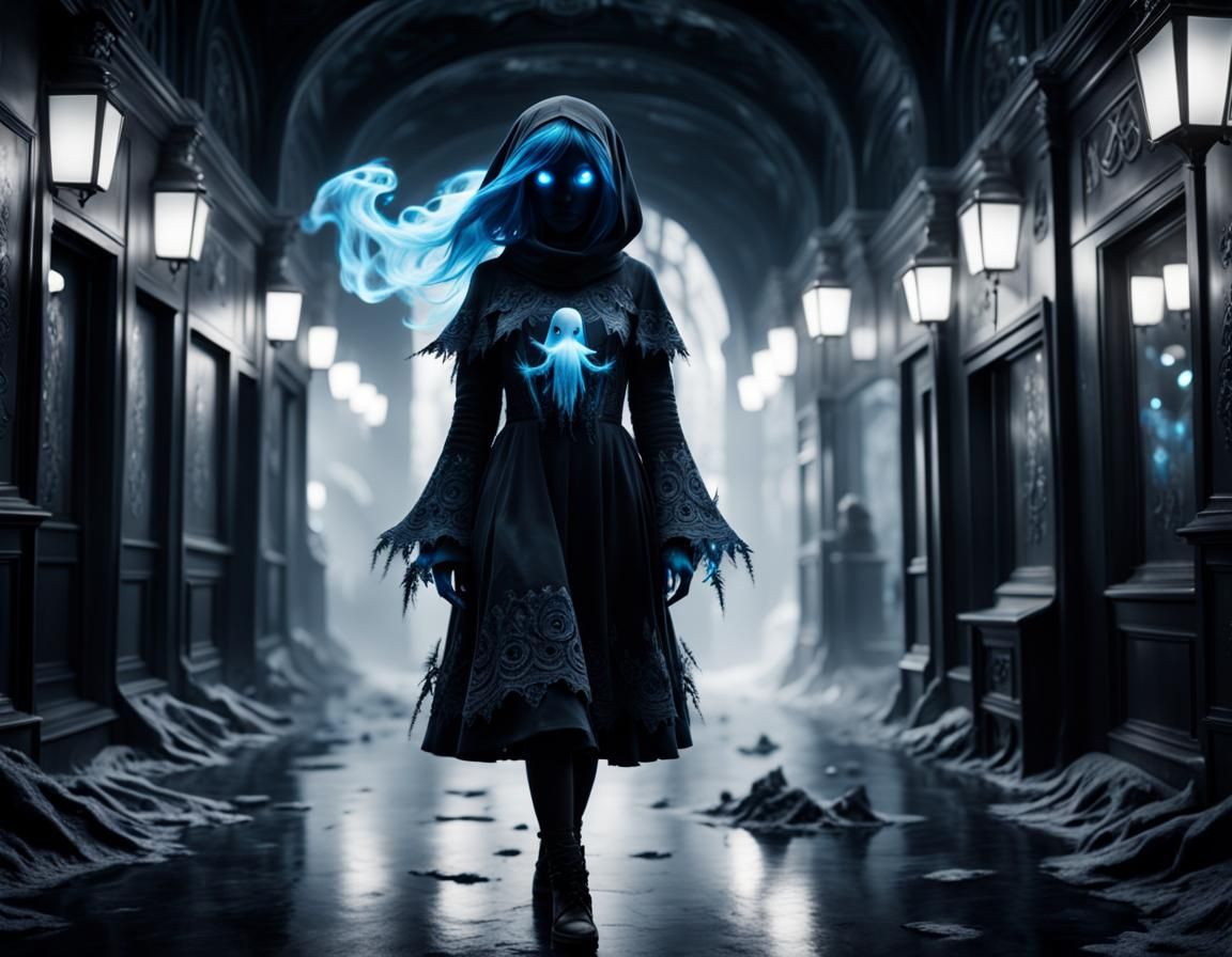 Blue Ghost Girl in Black and White World