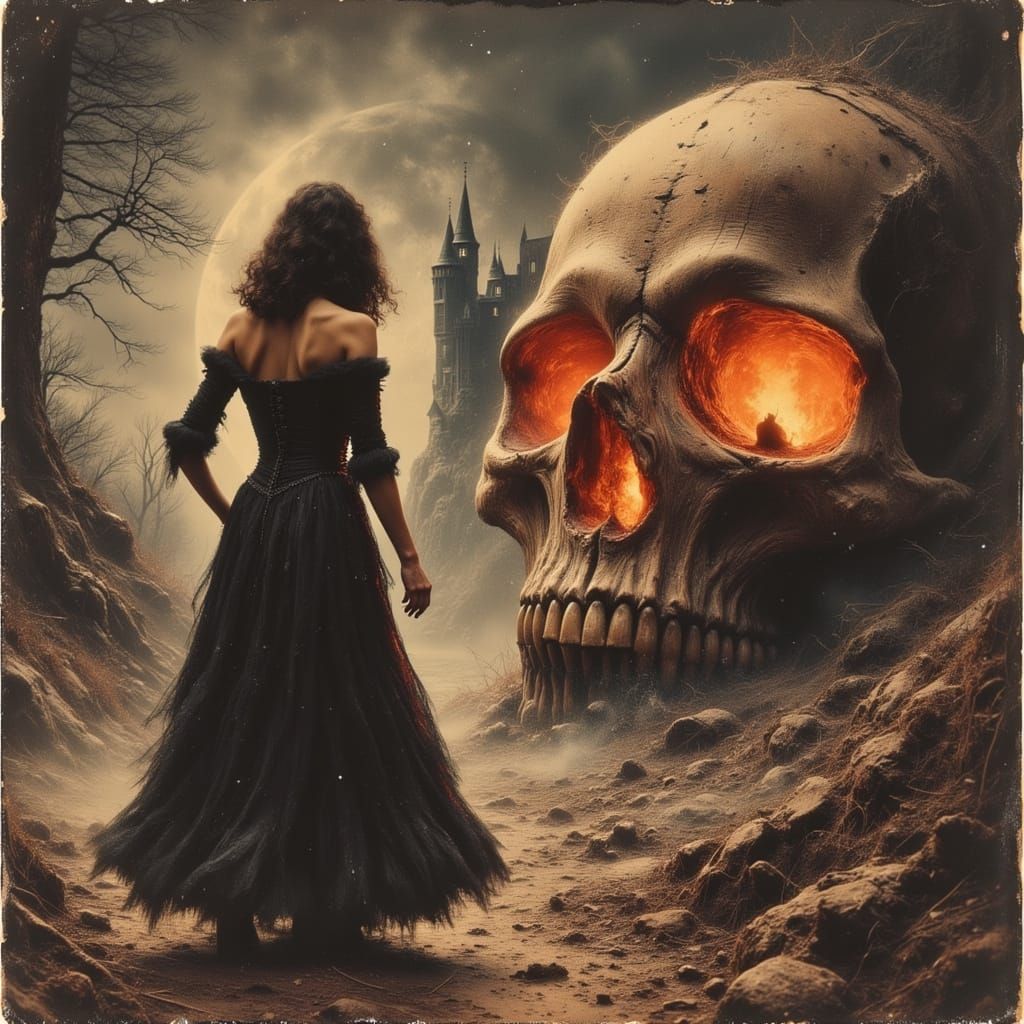 Victorian Lady and Flaming Skull Castle