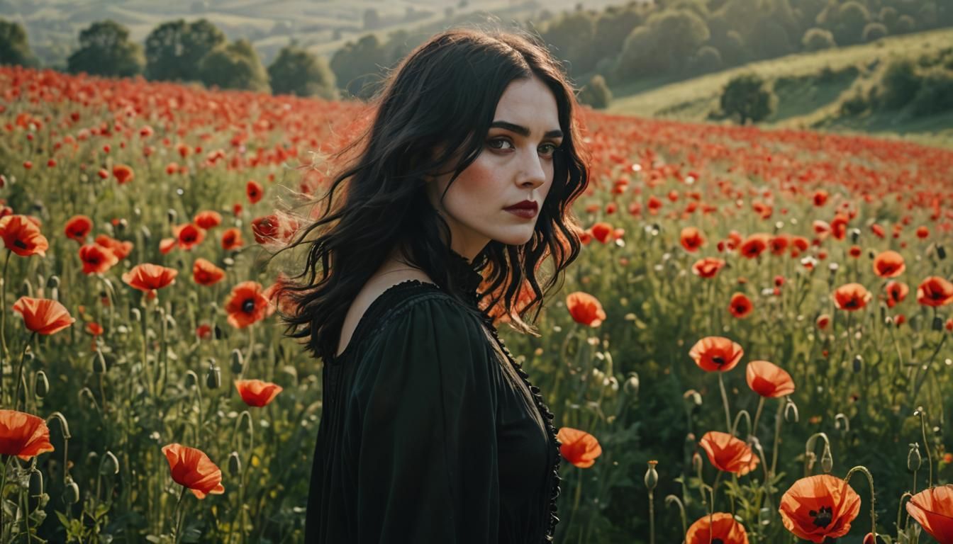 Ethereal Woman in Poppy Field: Gothic Fairytale Photography