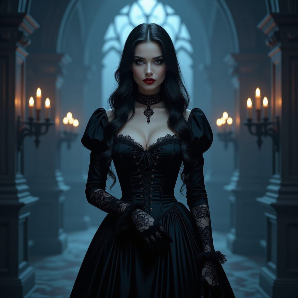Gothic Woman in Candlelit Chamber, Dark Surrealism