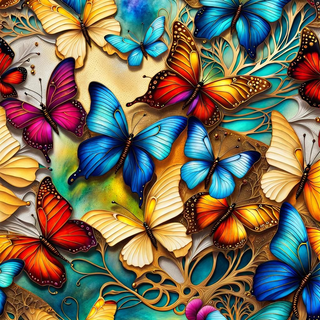 Magical Butterflies in Flight with Gold Accents