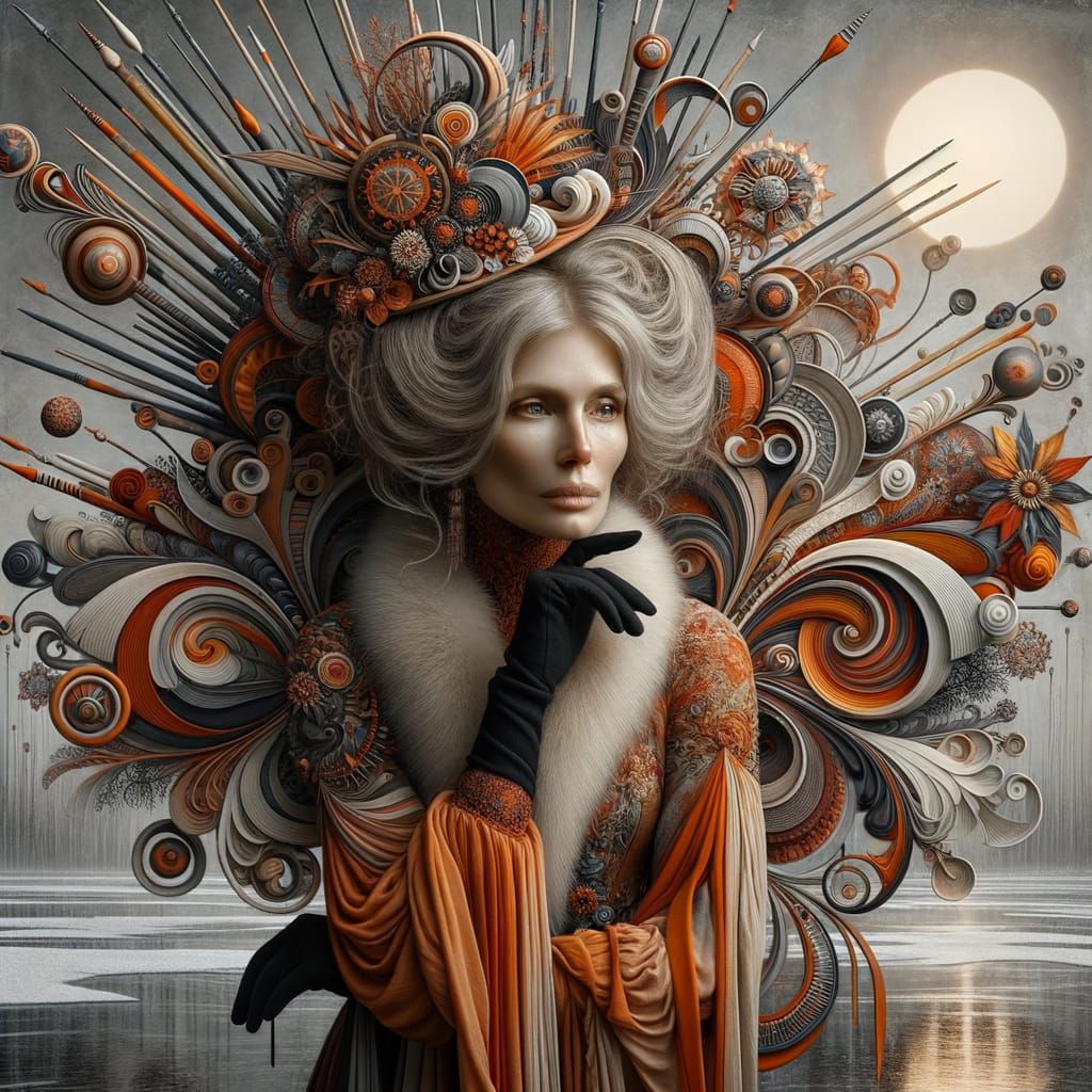 Middle-Aged Woman in Elegant Hat, Surrounded by Vibrant Orna...