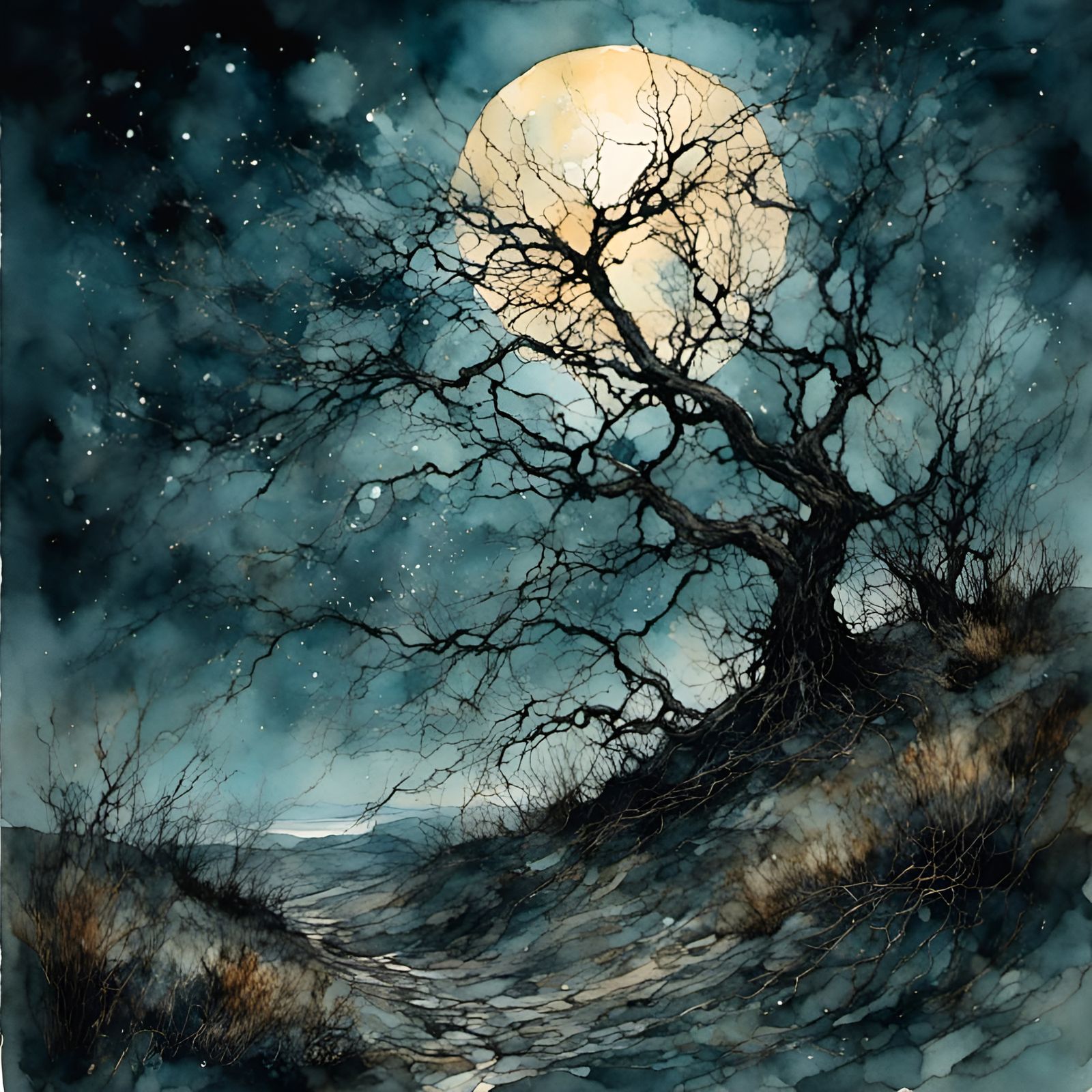 Tangled Branches Under Moonlight in Detailed Rendering