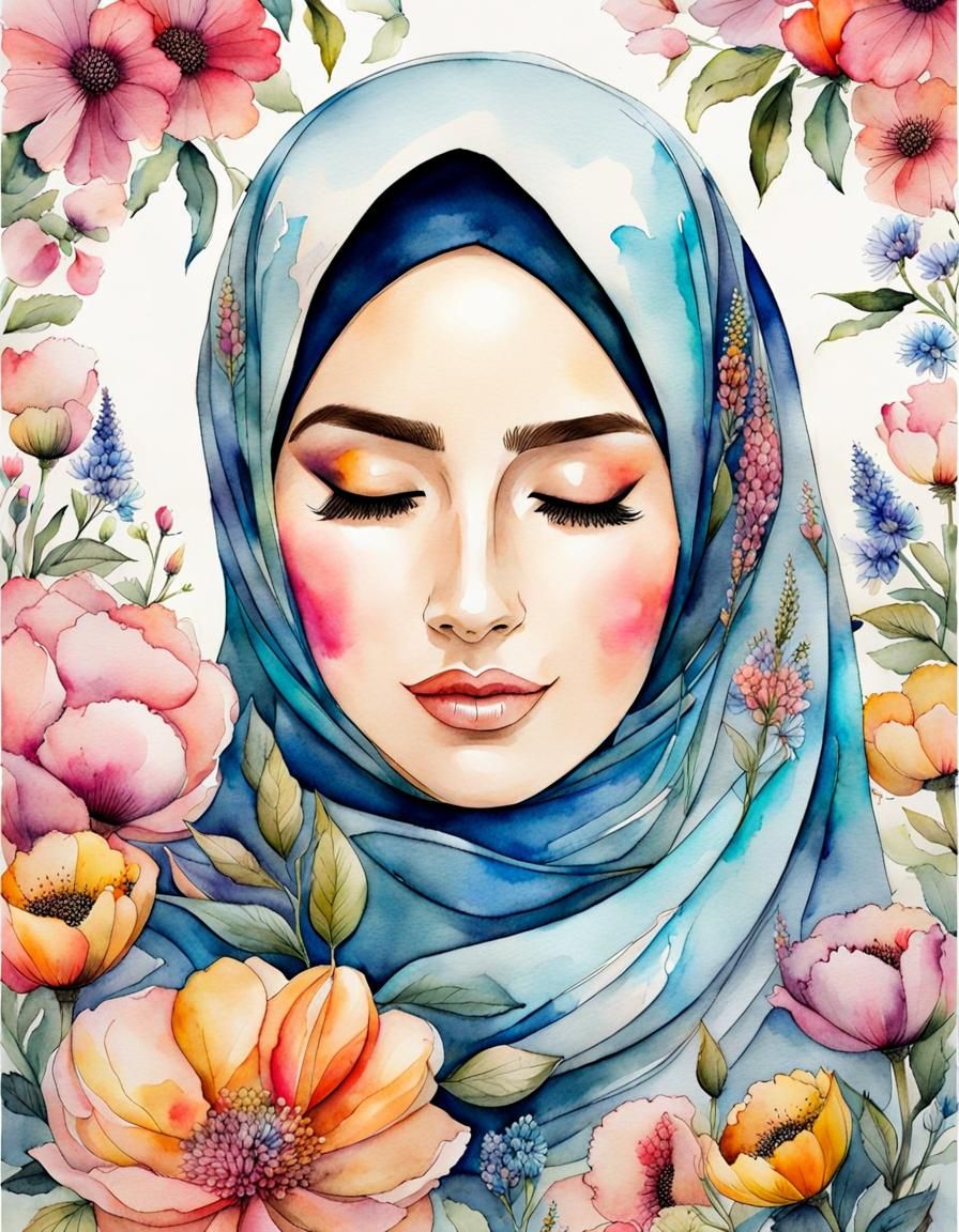 Watercolor Portrait of Woman in Hijab