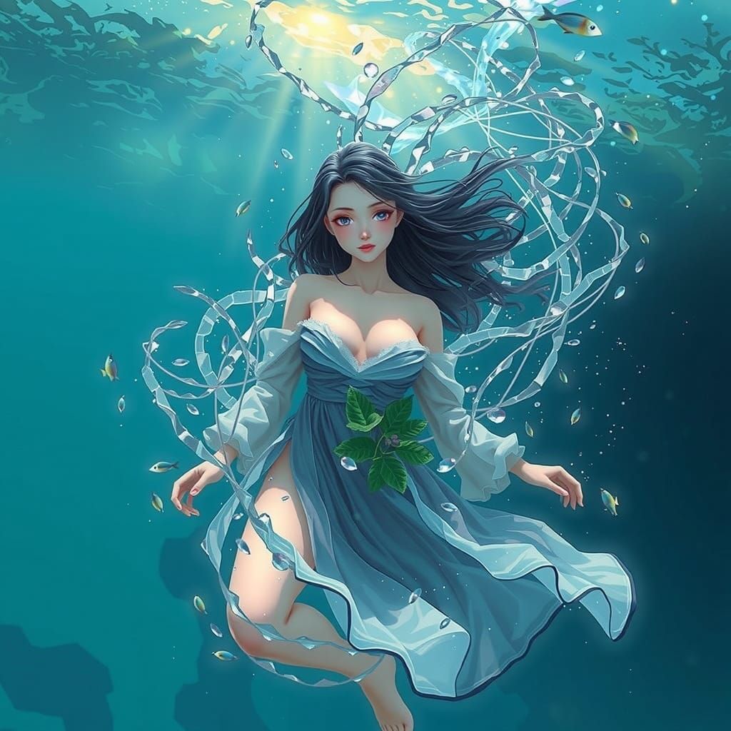 Aquatic Woman Emerges from Water in 3D Anime Style