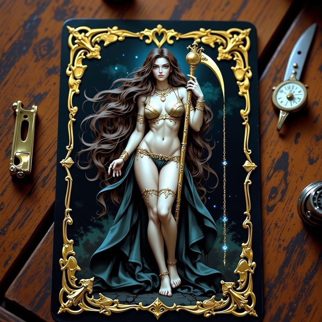 Ornate Tarot Card Featuring Death Figure in Chains