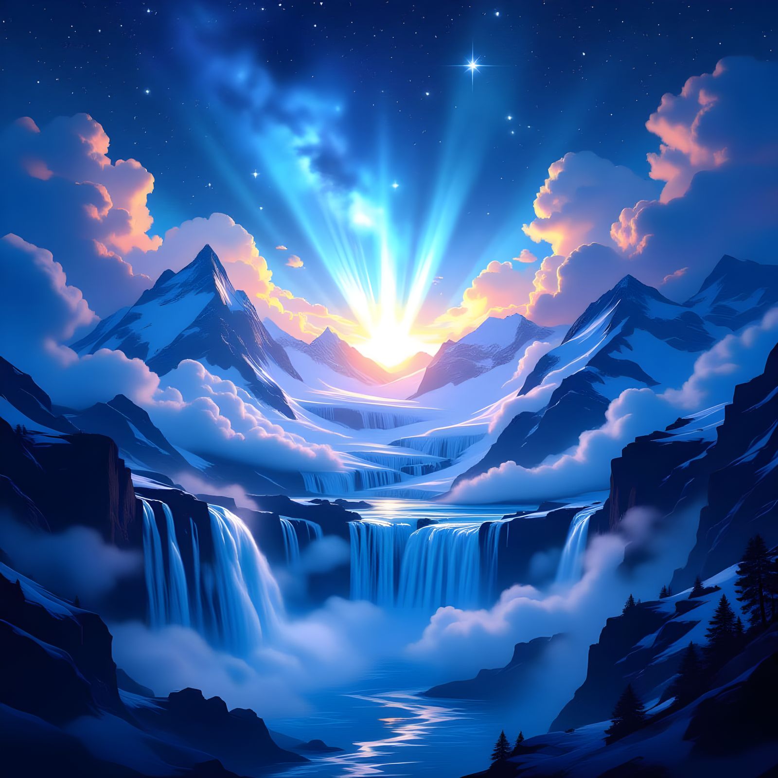 Icy Mountain Peaks Under Starry Sky with Divine Light