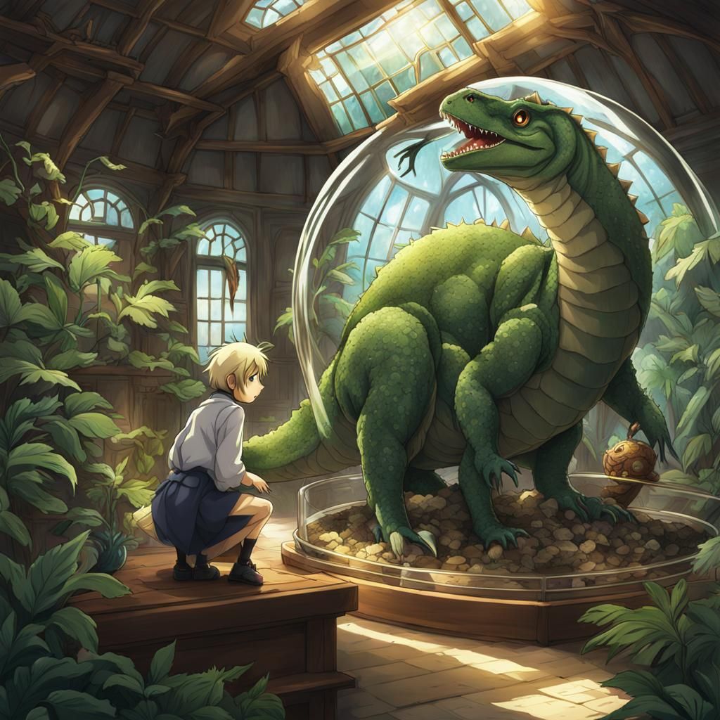 Dinosaur in Vase Terrarium: Anime Style
