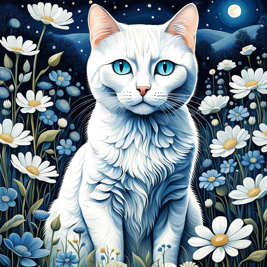 White Cat in Blue Flower Garden