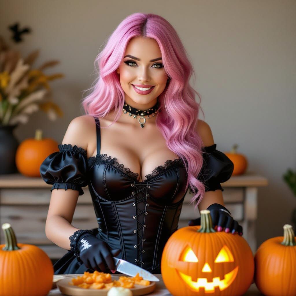 Pretty Pink Haired Woman Carving Halloween Pumpkins