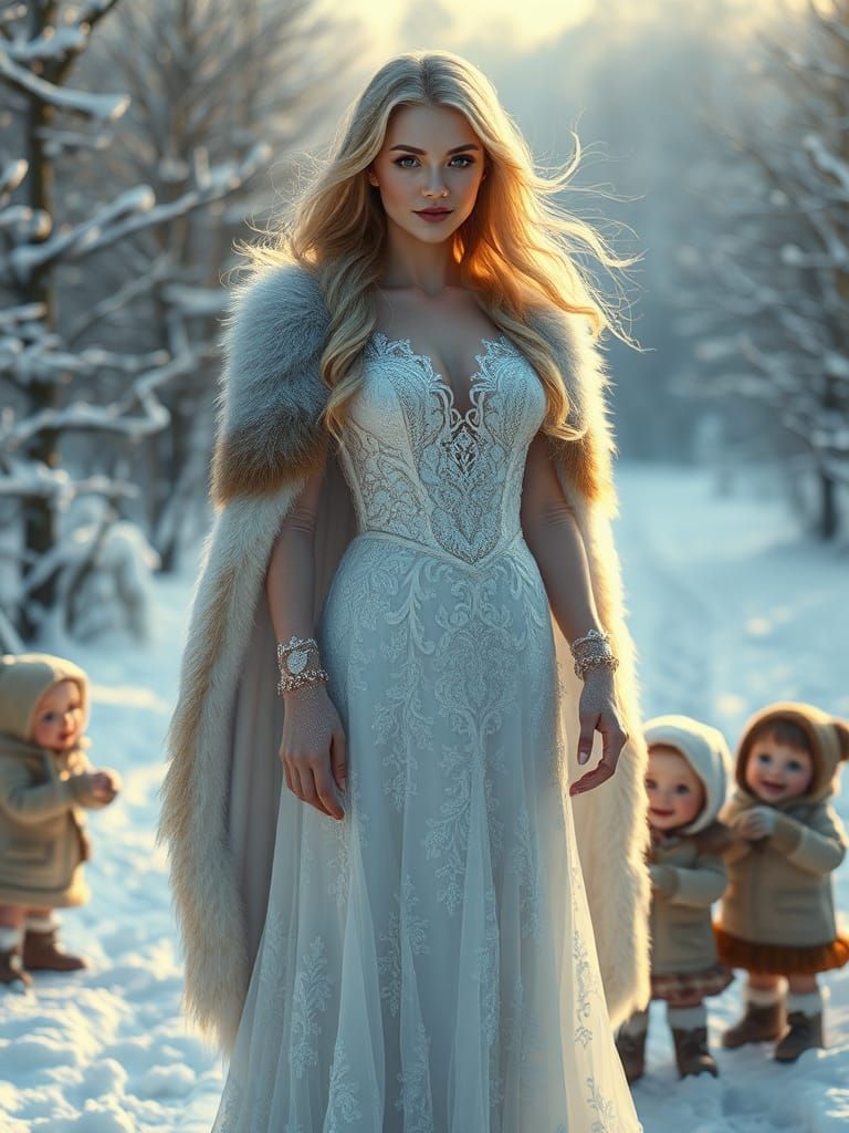 Snow Queen in Snowy Glade with Children