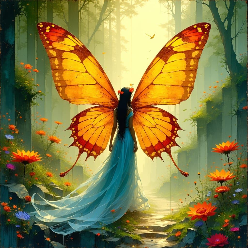 Ethereal Butterfly Lady in Sunlit Garden