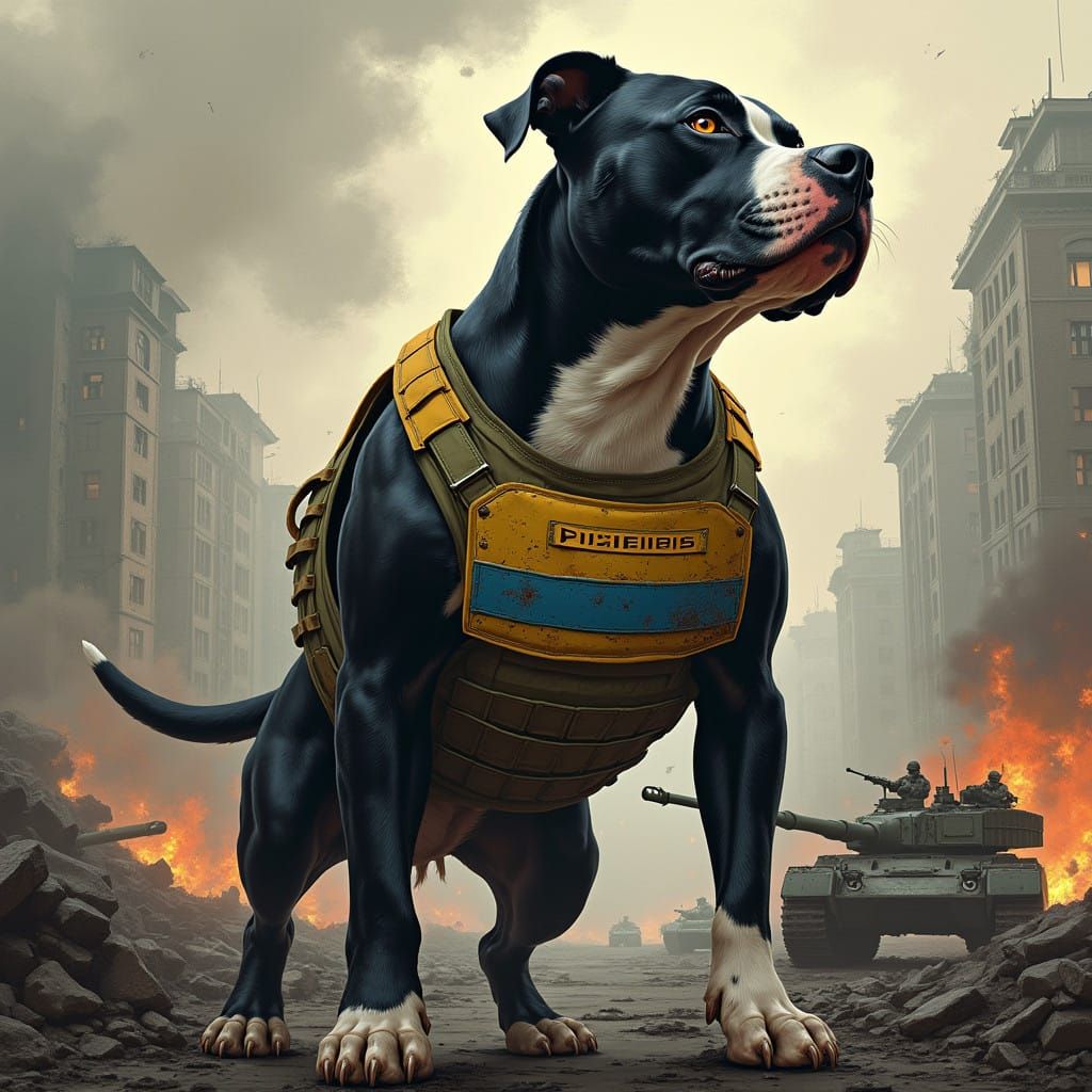 Humanistic Warrior Pit Bull in Ukrainian Khaki Vest