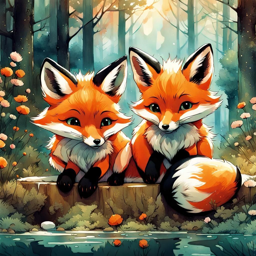 Fairytale Foxes in Watercolor Anime Style