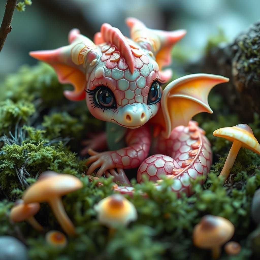 Whimsical Baby Dragon in Pastel Scales and Mossy Nest