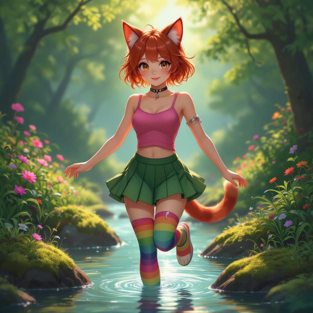 Surreal Neko Goddess Dances in Lush River Meadow
