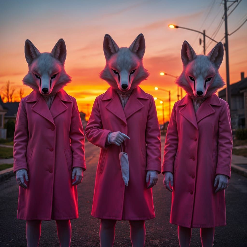 Whimsical Surrealist Scene: Fox Masked Figures at Sunset