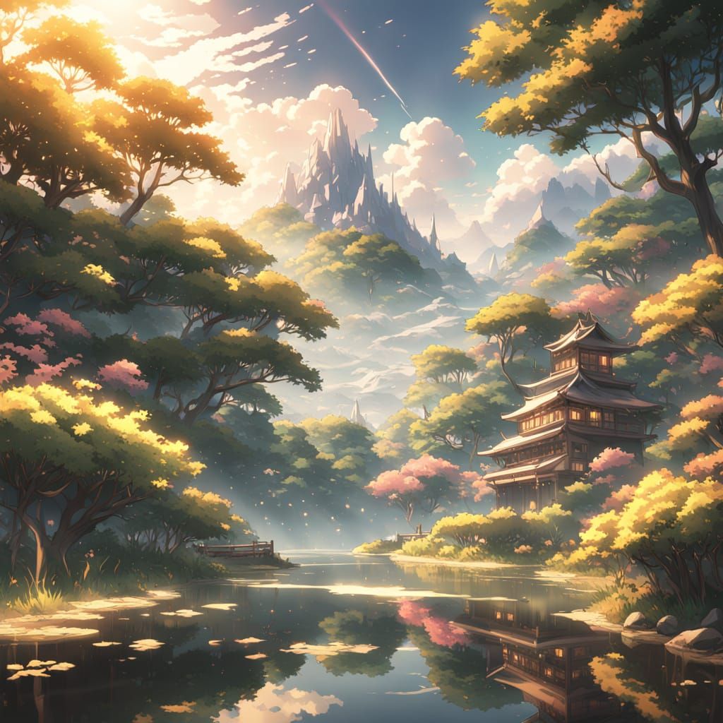 Dreamy 3D Anime Lake Scene at Sunset