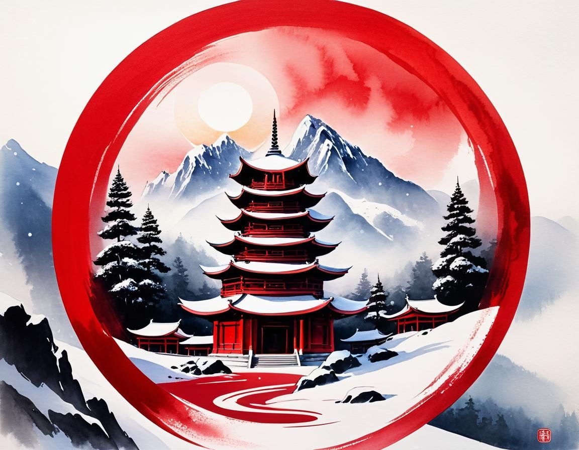 Mystical Red Ink Temple on Snowy Mountain