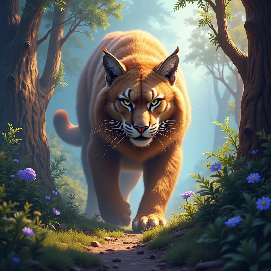 Sabertooth Cat Prowls Through Prehistoric Forest