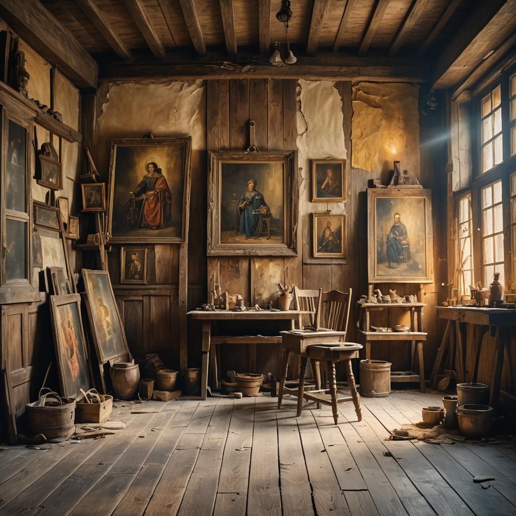 Dusty Atelier with Medieval Art in Cliché Verre Style
