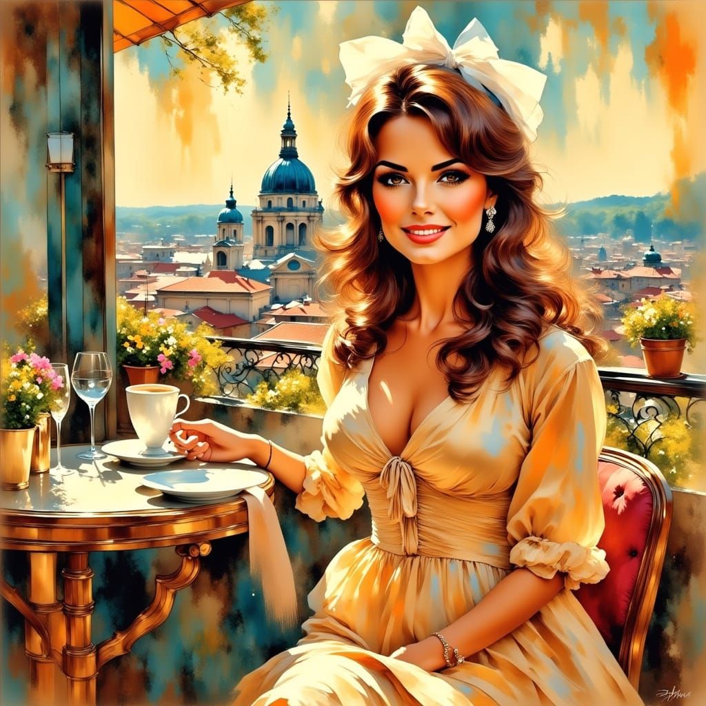 Retro Pop Illustration of Raquel Welch Enjoying Coffee