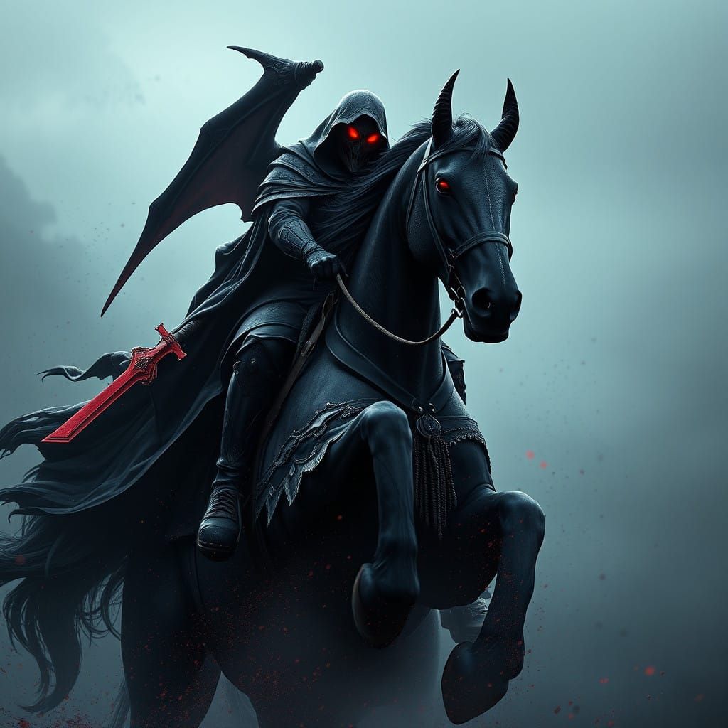 Death Rides a Majestic Black Steed with Blazing Red Eyes