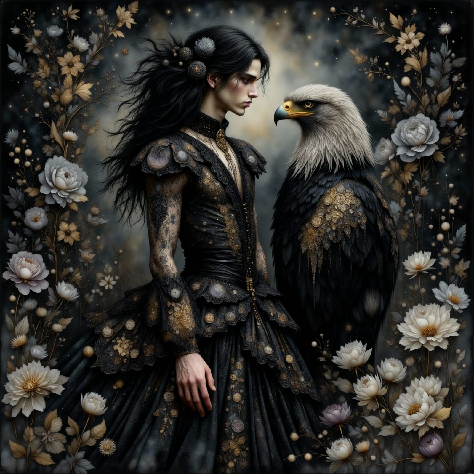 Goth Man in Rococo Gown with Eagle in Dark Fantasy Scene