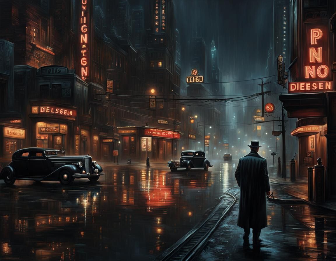 Noir Gangster in Dieselpunk Cityscape Painting