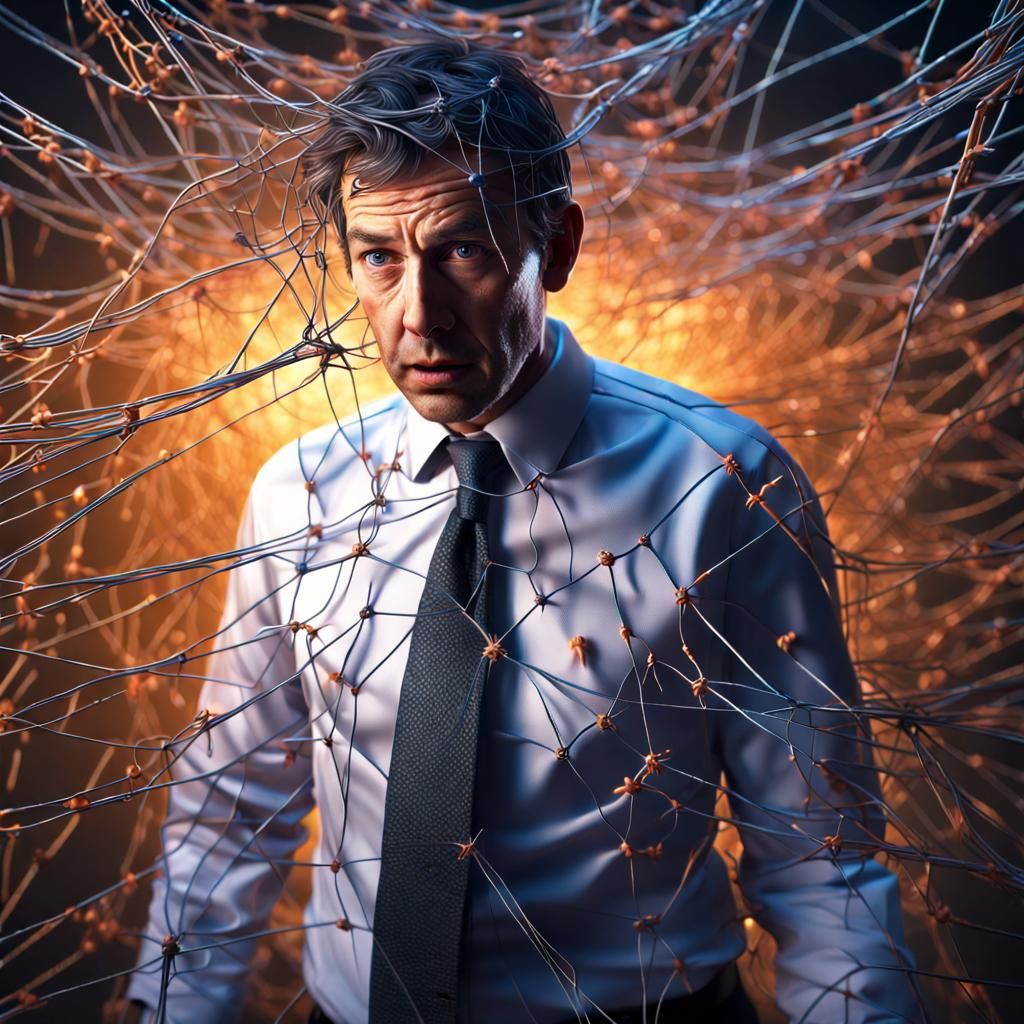 Businessman Trapped in Number Web: Hyper-Realistic Digital A...
