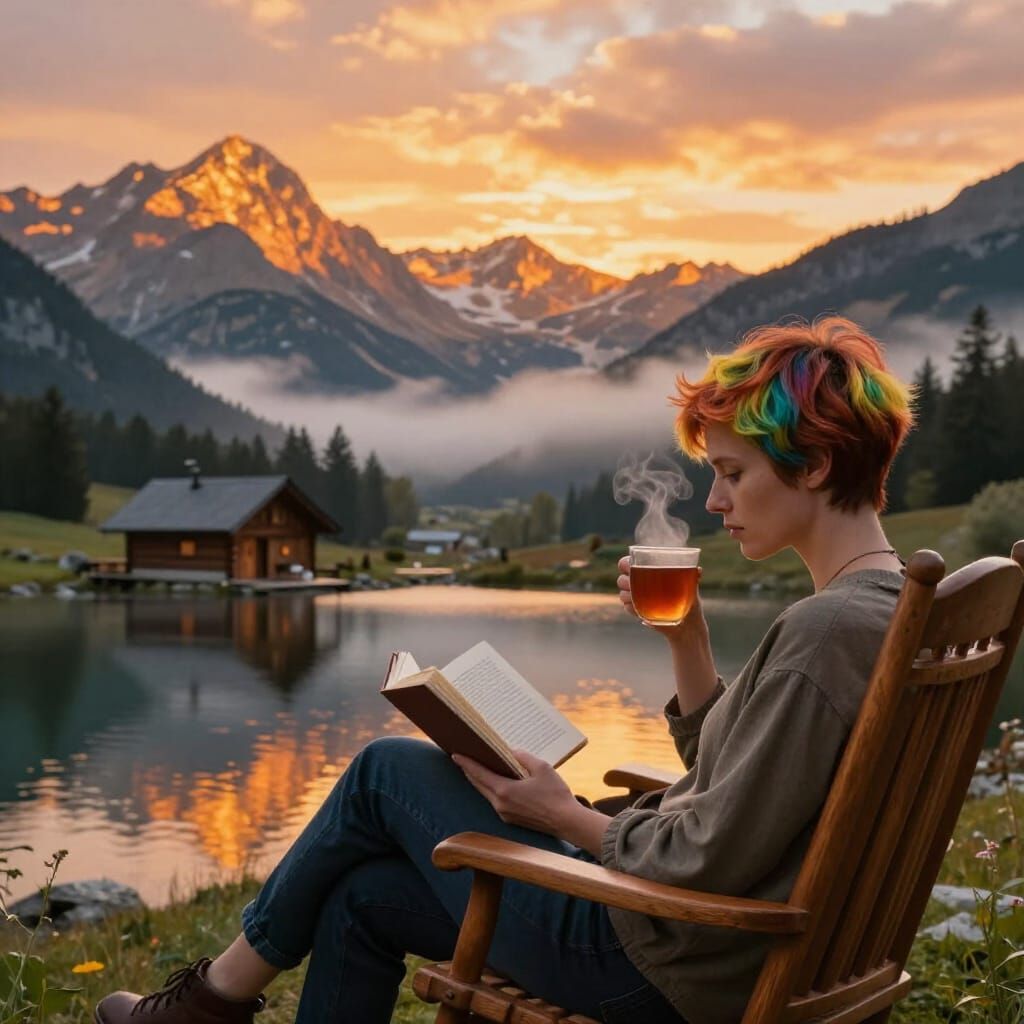 Serene Mountain Cabin at Sunset with Woman Reading