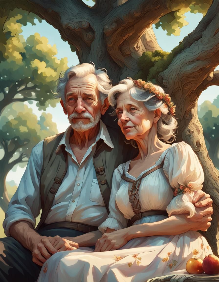 Loving Elderly Couple's Summer Picnic, Detailed Portrait