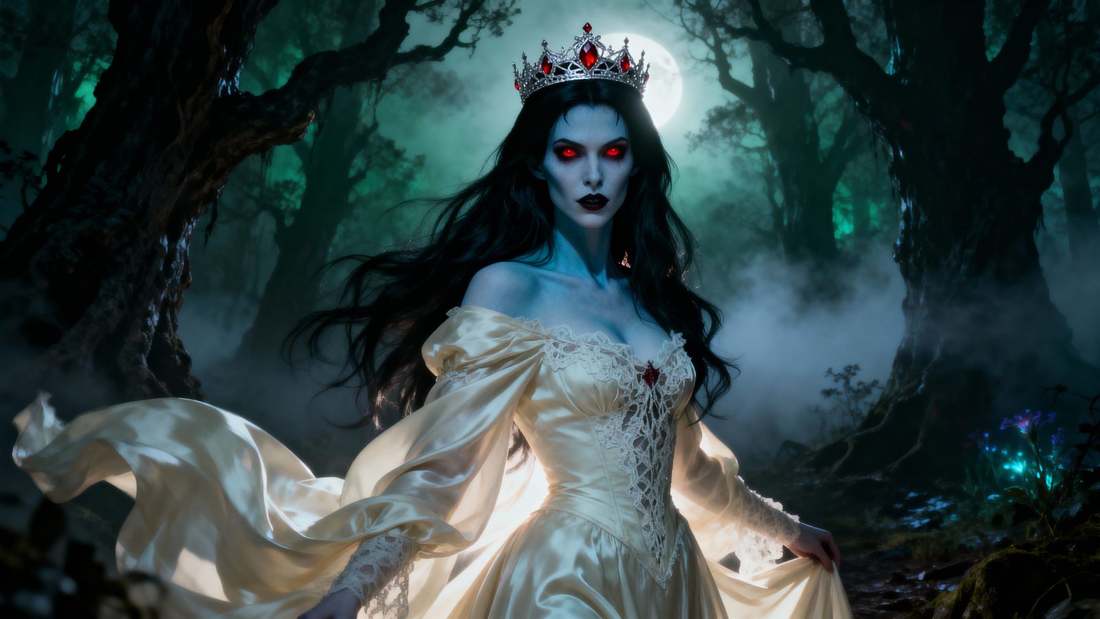 Vampire Princess in Foggy Forest, Dark Fantasy Art