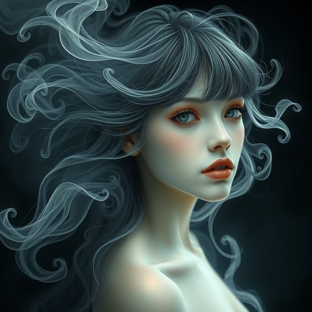 „Schattenhafter Nebel enthüllt geheimnisvolle Frau mit rauch...