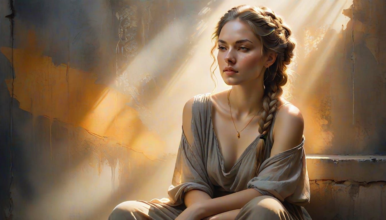 Contemplative Woman in Watercolor Wash, Rembrandt Style