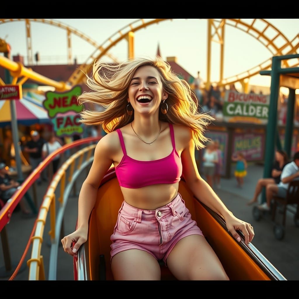 Joyful Roller Coaster Ride in Golden Light