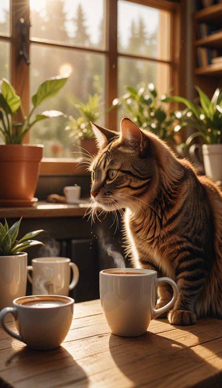 Cozy Morning Scene of Curious Cat with Coffee