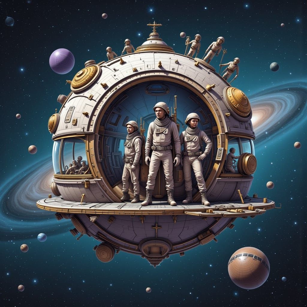 Explorers Aboard Futuristic Spaceship in Nebula