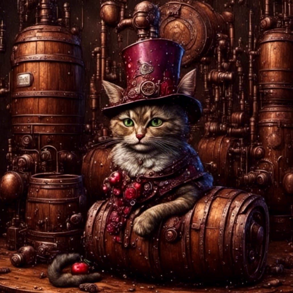 Steampunk Whiskey Barrel with Cat in Top Hat