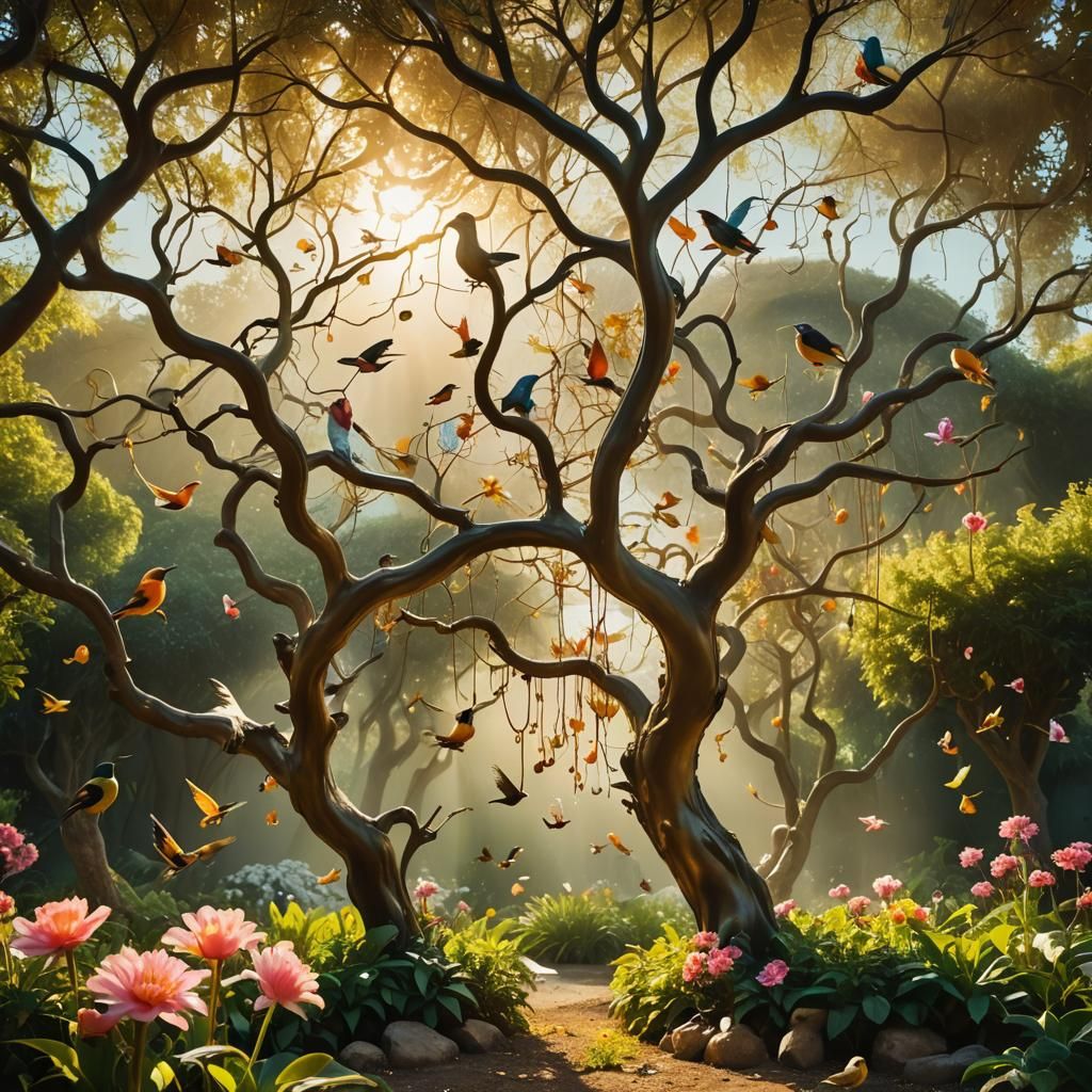 Surreal Garden Scene with Birds in Dreamlike Style